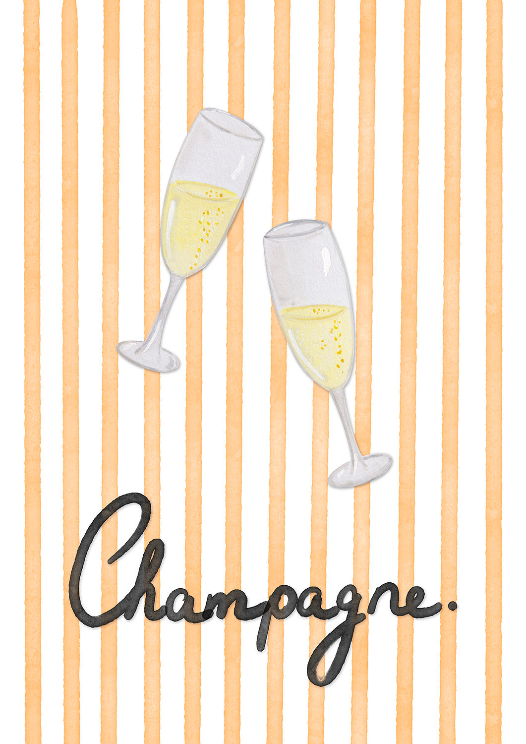 Two champagne glasses with bubbles on a striped background with the word 'Champagne'.