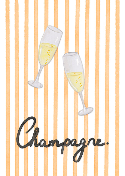 Two champagne glasses with bubbles on a striped background with the word 'Champagne'.