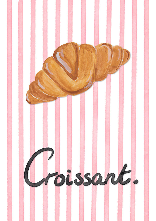 Illustration of a croissant on a pink and white striped background with the word 'Croissant' written below.