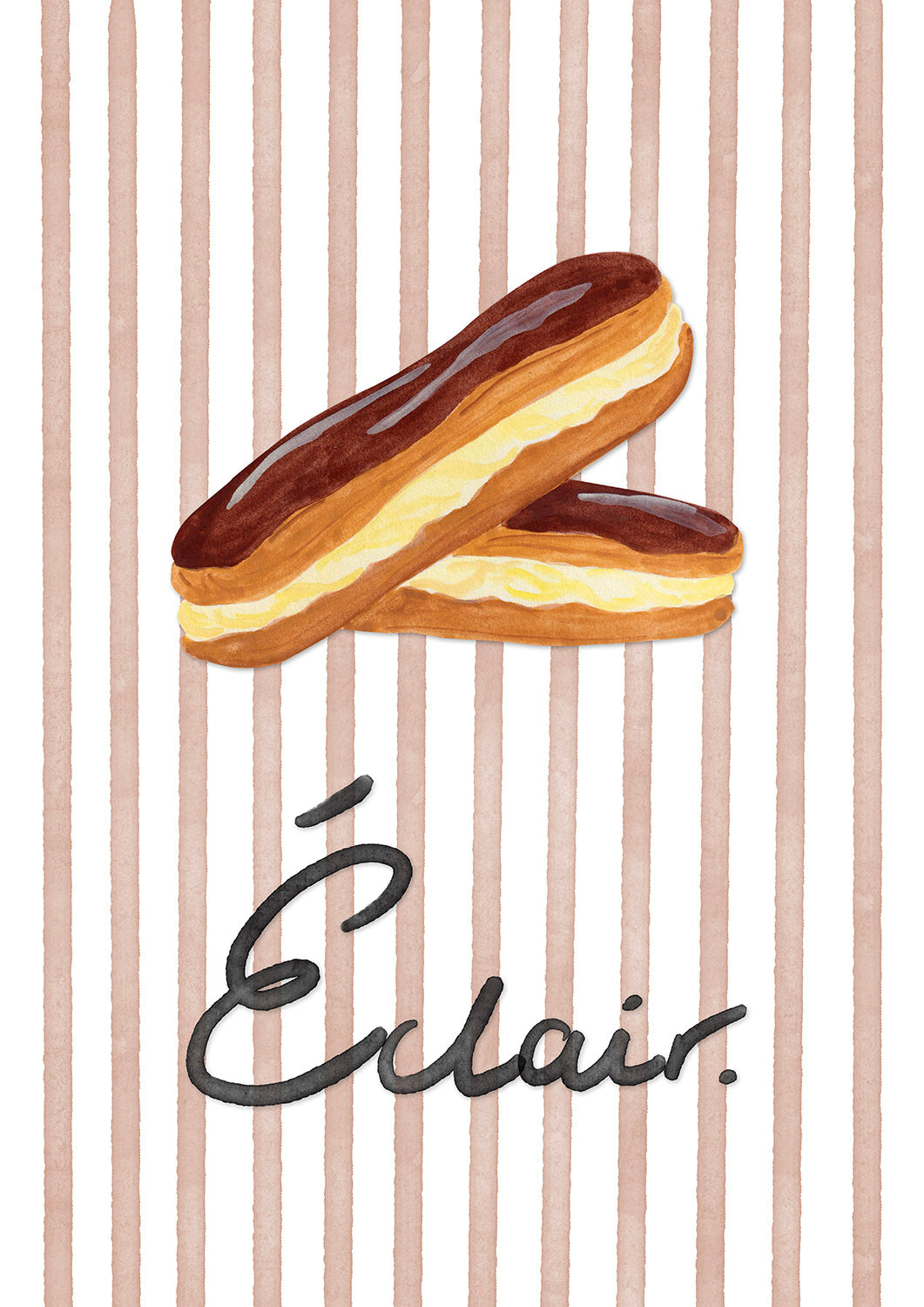 Illustration of two eclairs with chocolate glaze on a striped background, featuring the word 'Éclair'.