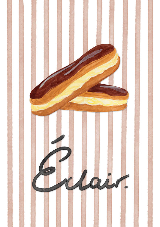 Illustration of two eclairs with chocolate glaze on a striped background, featuring the word 'Éclair'.