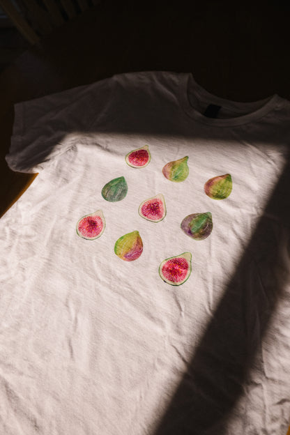 Hand-painted fig tee flat lay