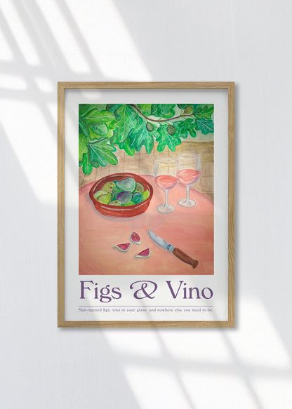 Framed artwork titled 'Figs & Vino' on a white wall