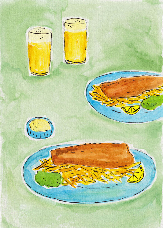 Art Print of English Fish and Chips on a green table with two beers, great for kitchen decor