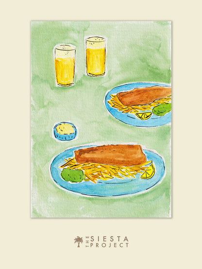 Art Print of English Fish and Chips on a green table with two beers, great for kitchen decor