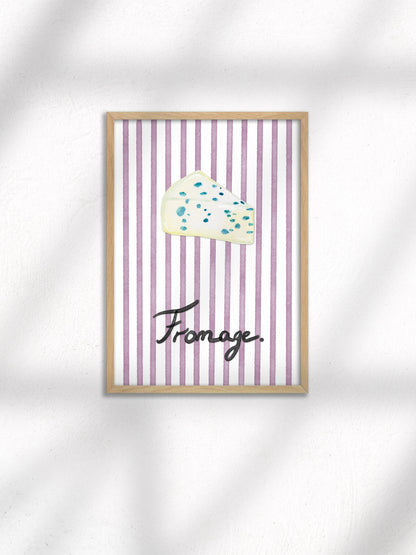 Framed artwork with a cloud illustration and the word 'Fromage' on a striped background.