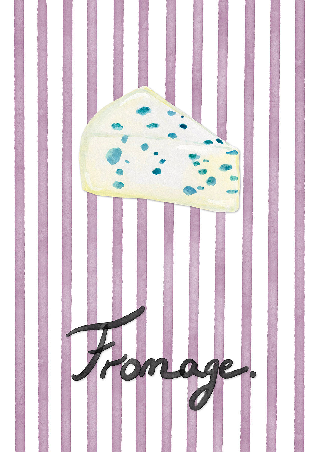 Illustration of a blue cheese wedge on a purple striped background with the word 'Fromage'.