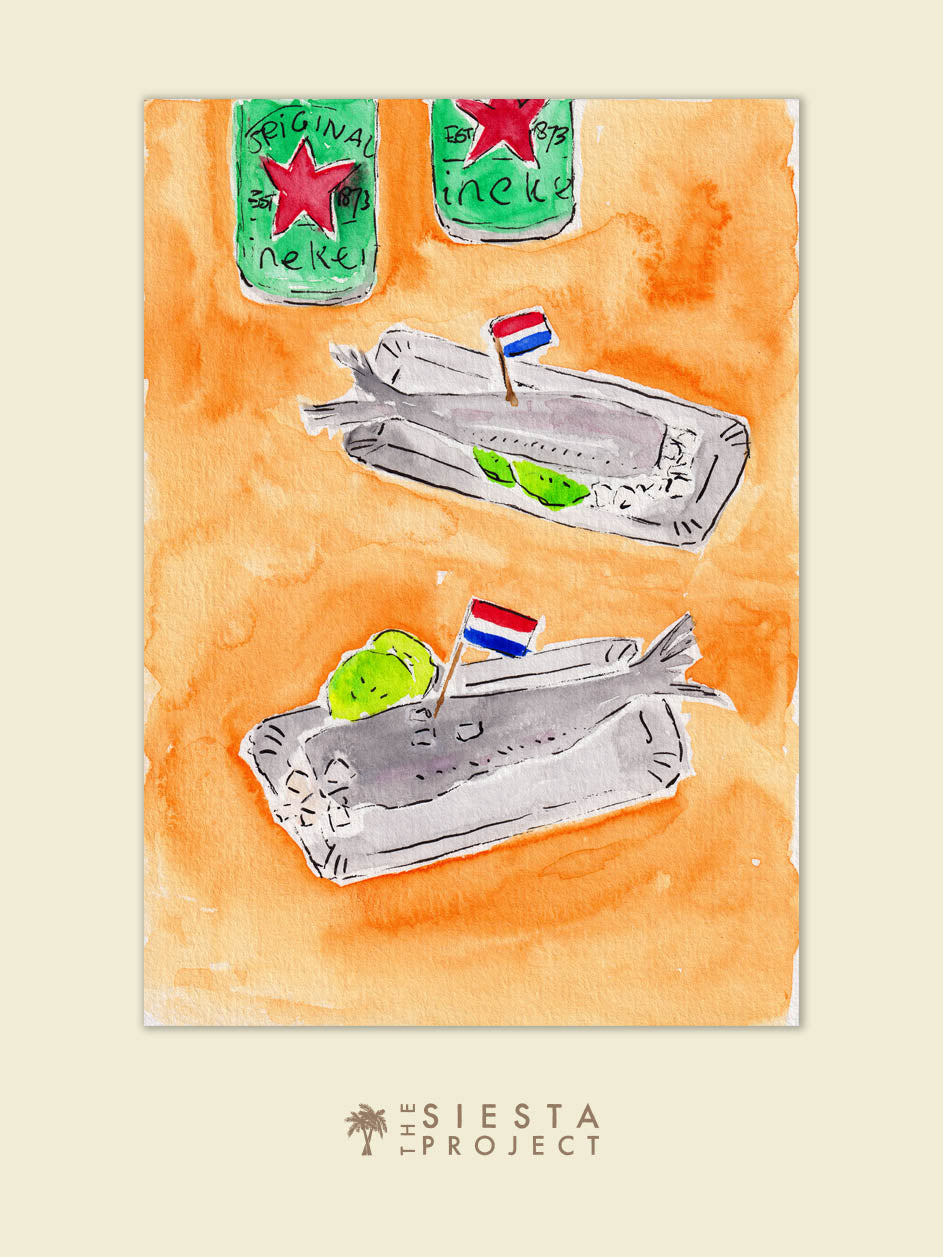 A colourful kitchen decor Art Print of haring and beers on an orange background