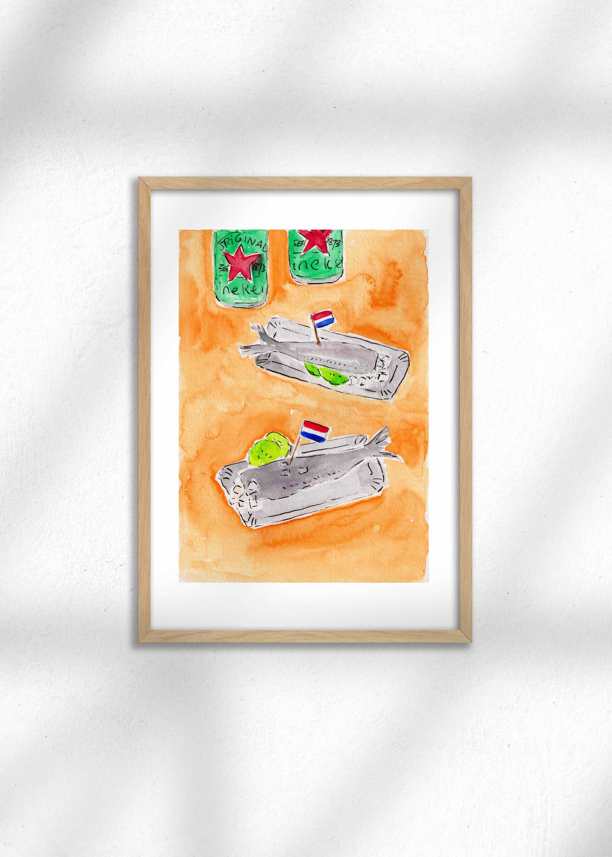 A framed colourful kitchen decor Art Print of haring and beers on an orange background