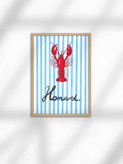Framed artwork with a red lobster and 'Homard' text on a blue striped background