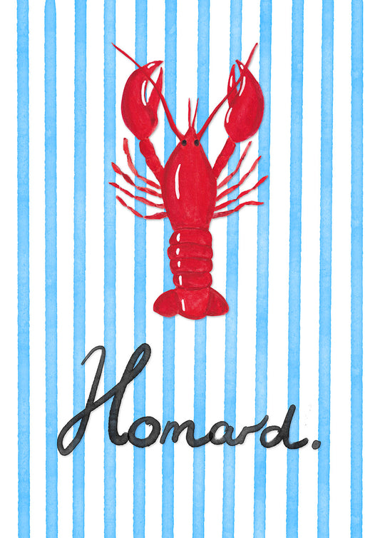 Red lobster illustration on a blue and white striped background with 'Homard' text.