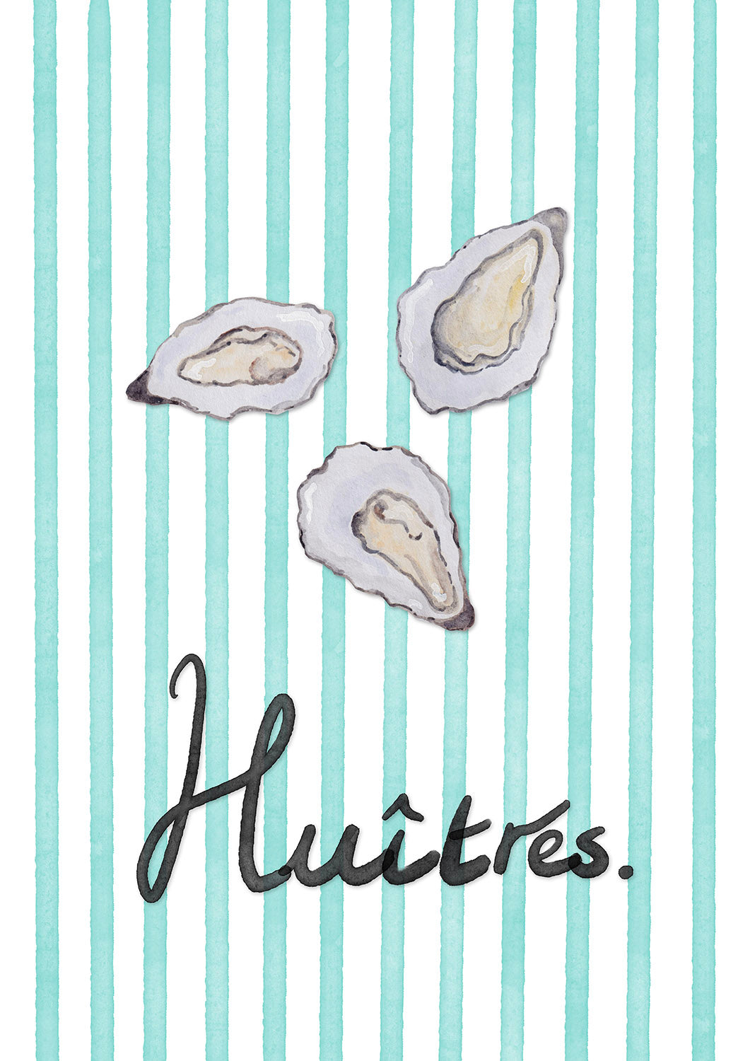 Three oyster shells on a striped background with the word 'Huitres' written below.