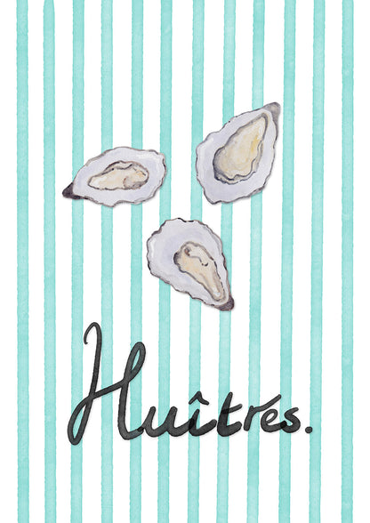 Three oyster shells on a striped background with the word 'Huitres' written below.