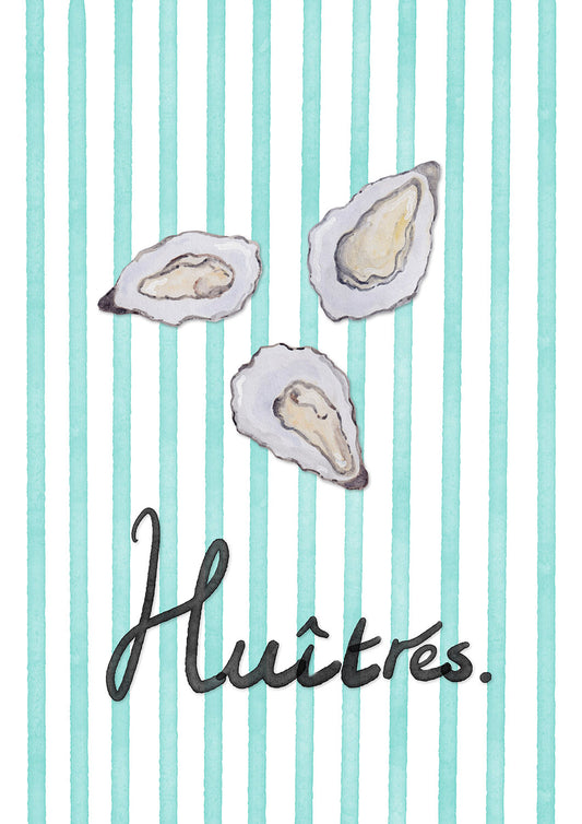 Three oyster shells on a striped background with the word 'Huitres' written below.