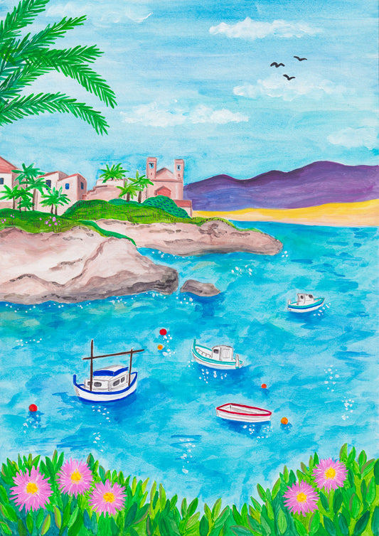 A gouache painting of fishing boats on turquoise water and a village in the background. Inspired by Tabarca in Spain.