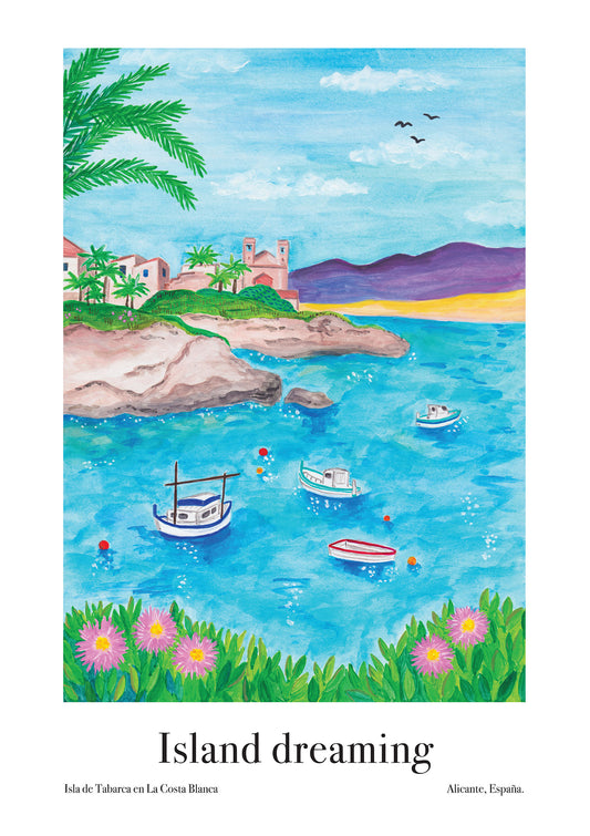 An Art poster with a painting of a island in the Mediterranean inspired by Tabarca, Spain