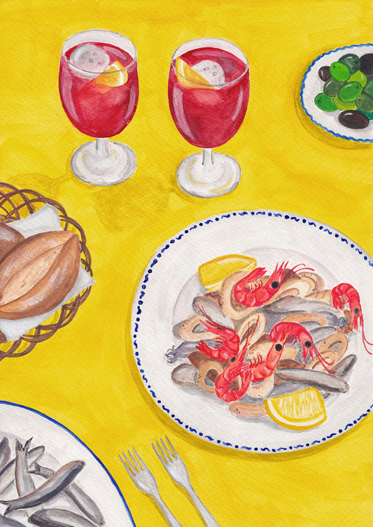 A table with plates of seafood, olives, bread and two glasses of Sangria set in Spain, painted with watercolours.