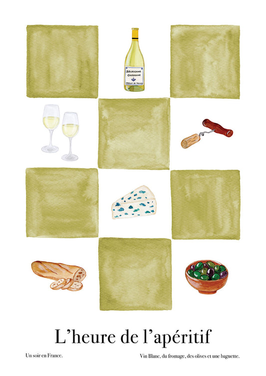 An art poster with checkers in olive green and illustrations in watercolour of a wine bottle, a cork and corkscrew, blue cheese, baguette, olives and wine glasses