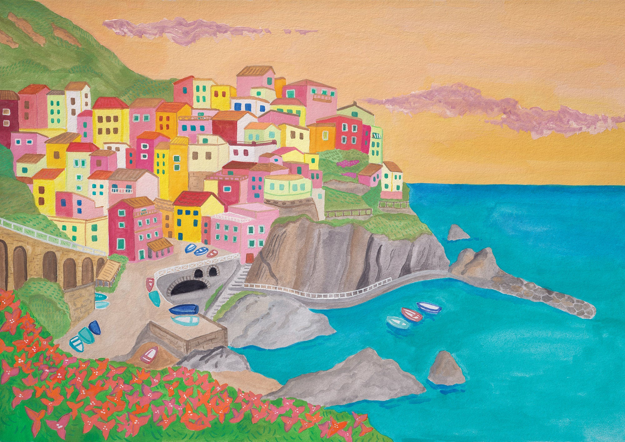 A travel art print of Manarola in Cinque Terre, Italy