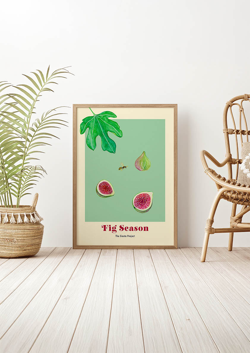Framed Art Poster of figs, a wasp and a leaf with the text "Fig Season"