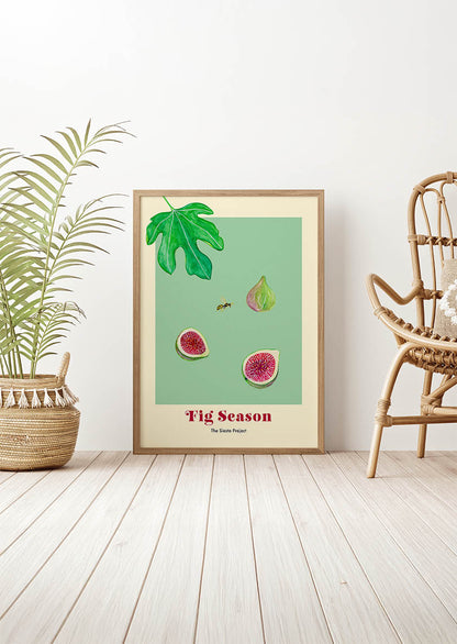 Framed Art Poster of figs, a wasp and a leaf with the text "Fig Season"