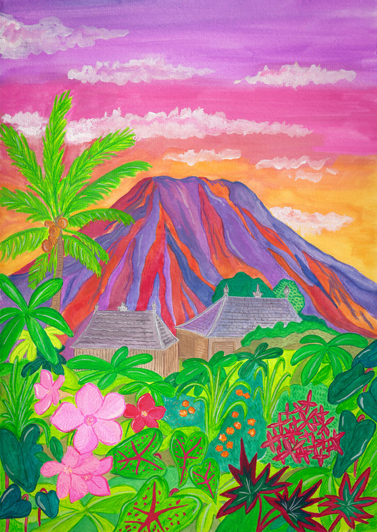 An art print of Mount Agung on Bali at sunset