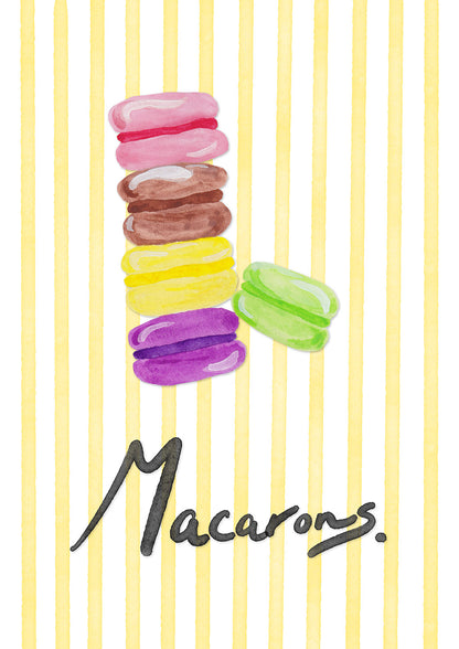 Colorful macarons stacked on a yellow striped background with 'Macarons' text.
