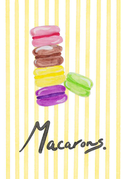 Colorful macarons stacked on a yellow striped background with 'Macarons' text.
