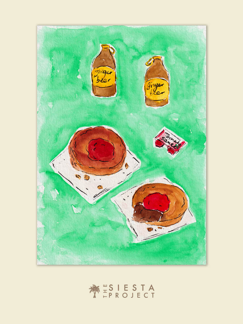 An illustration of Australian meat pies and ginger beers on a green background. A great art print for kitchen decor