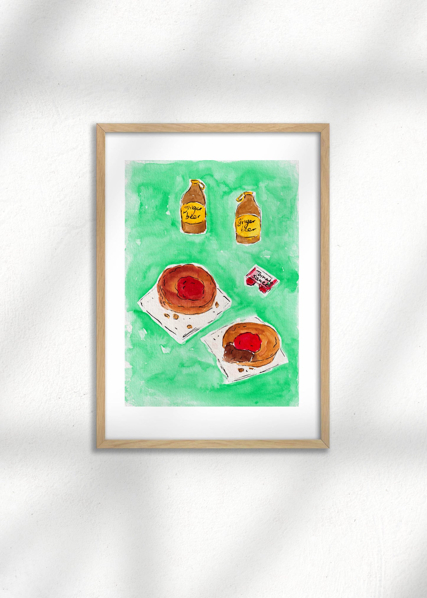 A framed illustration of Australian meat pies and ginger beers on a green background. A great art print for kitchen decor