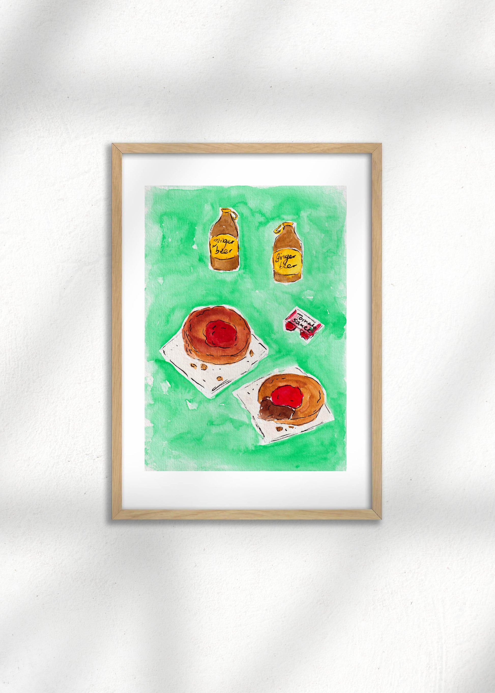 A framed illustration of Australian meat pies and ginger beers on a green background. A great art print for kitchen decor