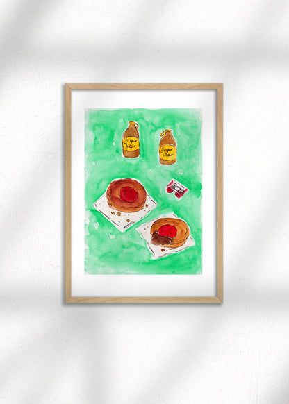 A framed illustration of Australian meat pies and ginger beers on a green background. A great art print for kitchen decor