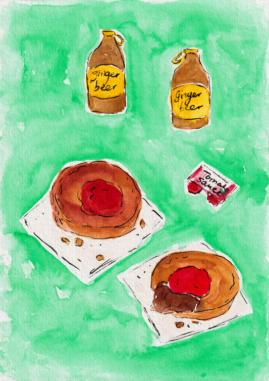 An illustration of Australian meat pies and ginger beers on a green background. A great art print for kitchen decor