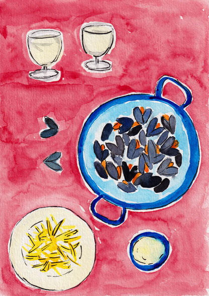 Illustration of moules-frites and white wine on a red table, an art print for food lovers