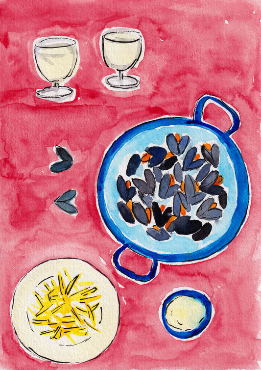 Illustration of moules-frites and white wine on a red table, an art print for food lovers