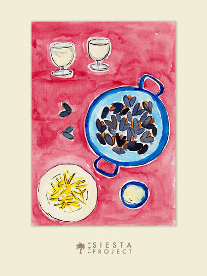 Illustration of moules-frites and white wine on a red table, an art print for food lovers