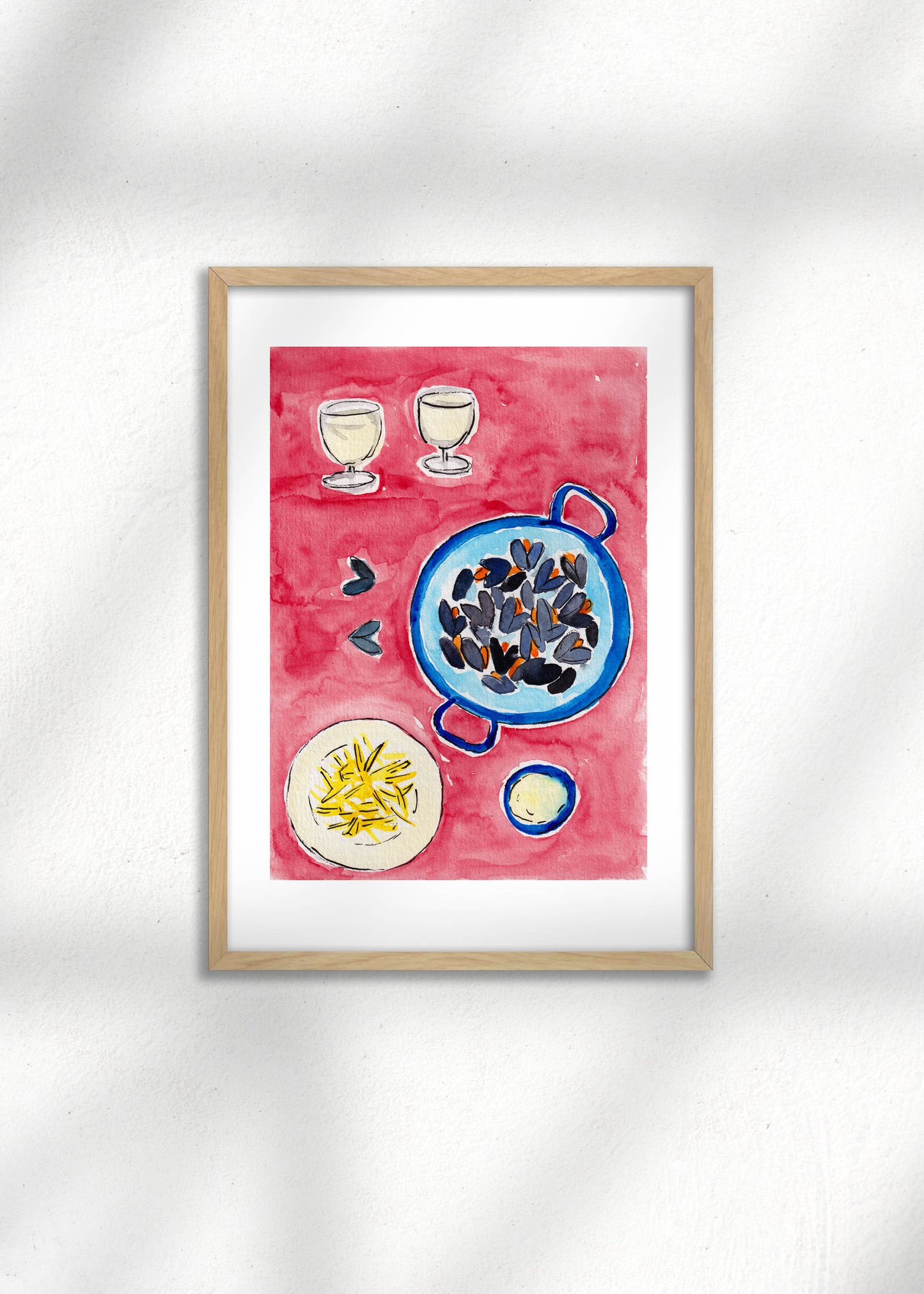 A framed Illustration of moules-frites and white wine on a red table, an art print for food lovers