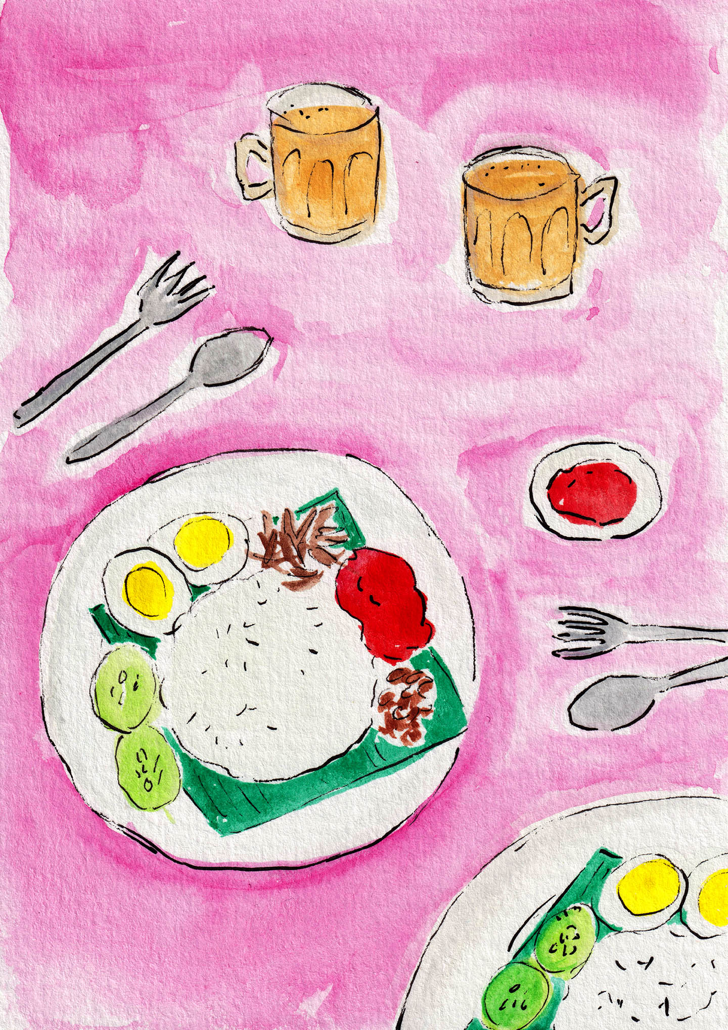 An Illustration of Malaysian Nasi Lemak and Teh Tarik on a pink background. A great art print for kitchen decor.