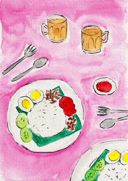 An Illustration of Malaysian Nasi Lemak and Teh Tarik on a pink background. A great art print for kitchen decor.