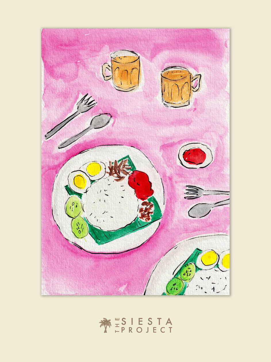 An Illustration of Malaysian Nasi Lemak and Teh Tarik on a pink background. A great art print for kitchen decor.