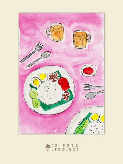 An Illustration of Malaysian Nasi Lemak and Teh Tarik on a pink background. A great art print for kitchen decor.
