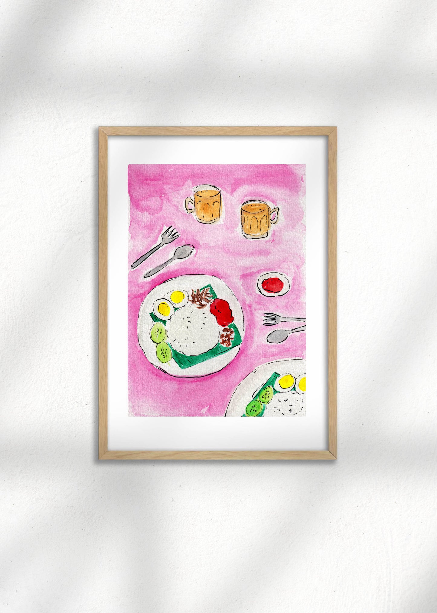 A framed illustration of Malaysian Nasi Lemak and Teh Tarik on a pink background. A great art print for kitchen decor.