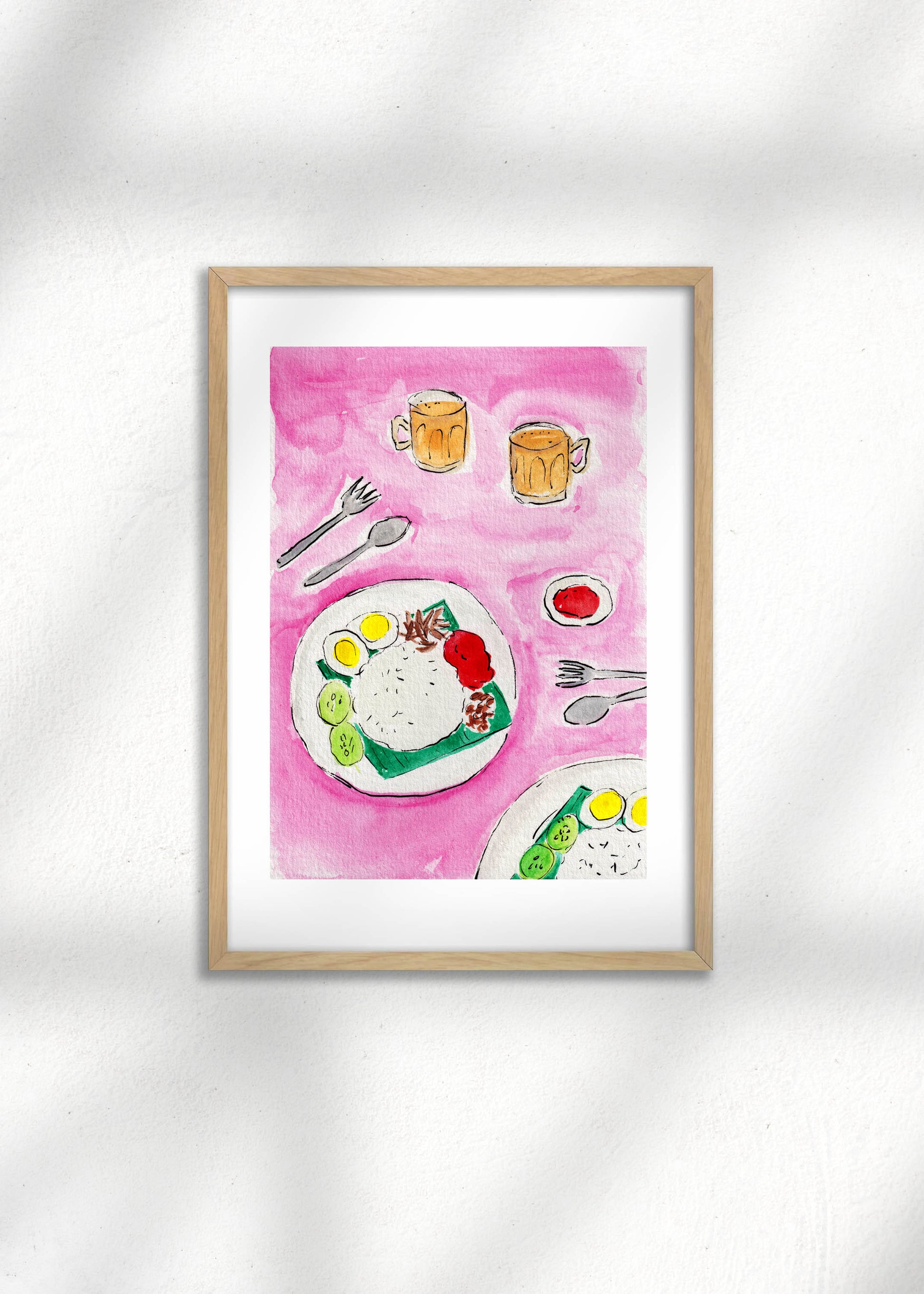 A framed illustration of Malaysian Nasi Lemak and Teh Tarik on a pink background. A great art print for kitchen decor.