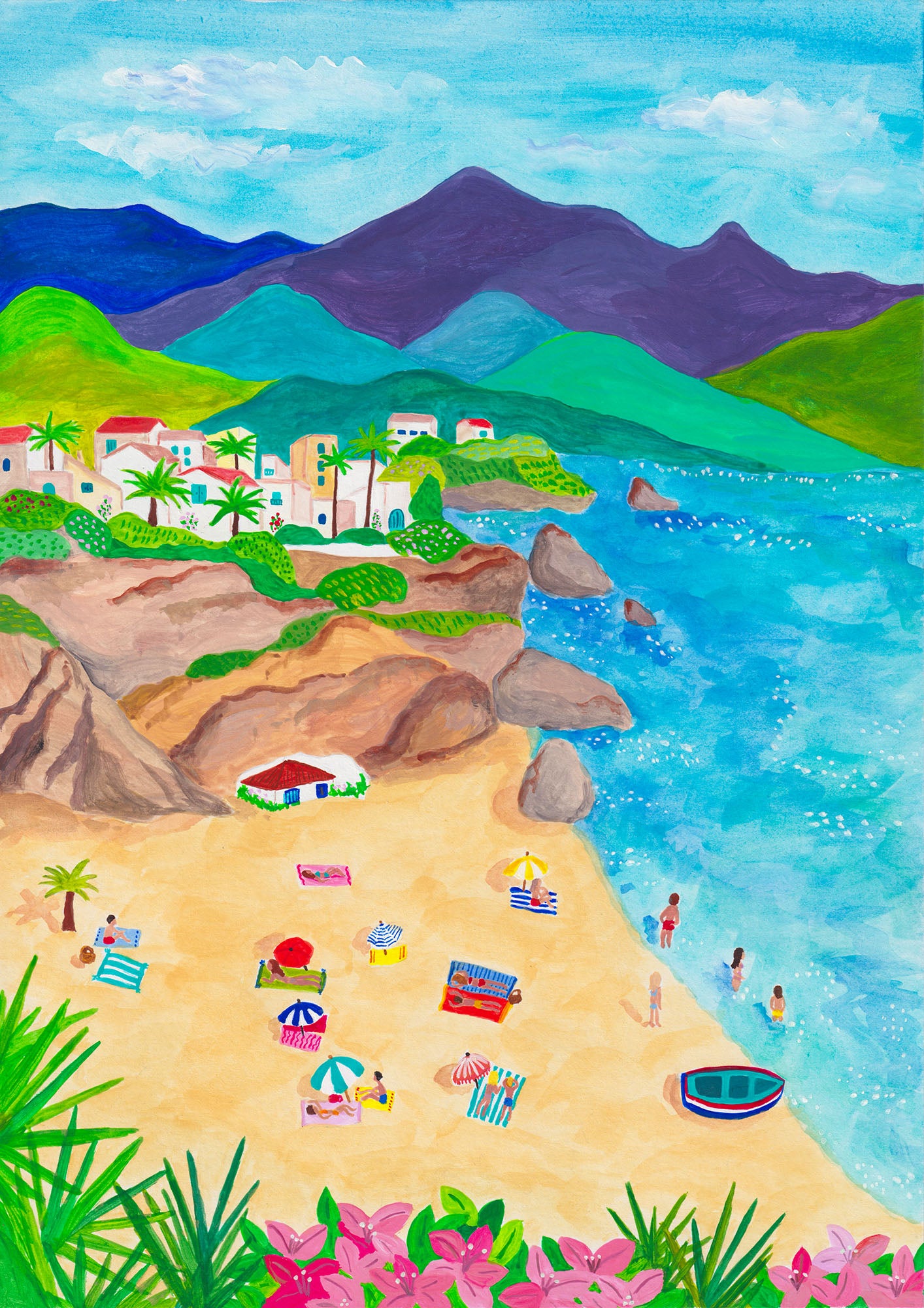 An art print of a gouache painting showing a beach scene and the surrounding landscape in Nerja, Spain