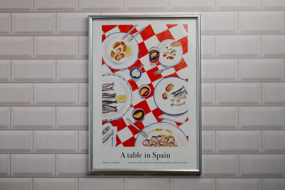 Framed poster of a table setting with Spanish tapas food illustrations on a tiled wall.