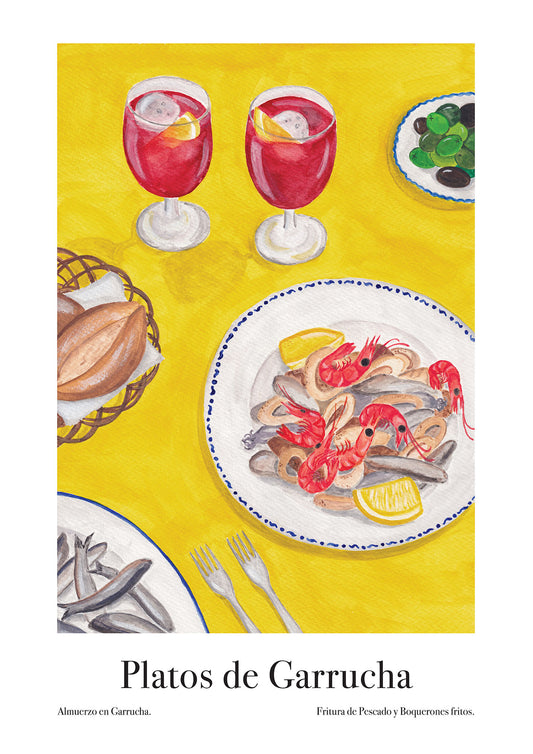 An art poster of a watercolour painting of a plater of seafood, a bread basket, olives and two glasses of sangria on a table in Spain.