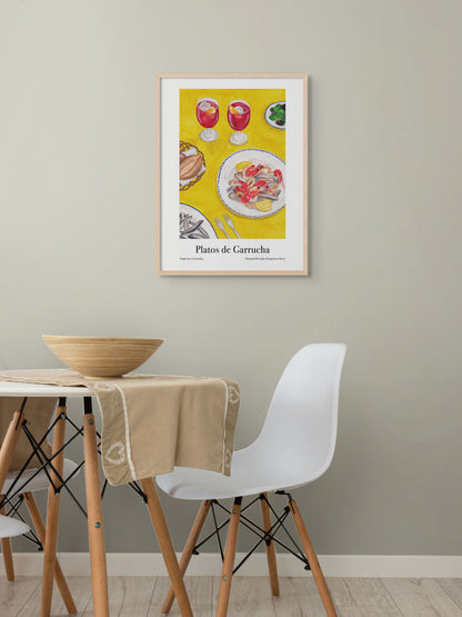 Dining room with an art poster of a table in Spain with sangria and seafood dishes on the wall.