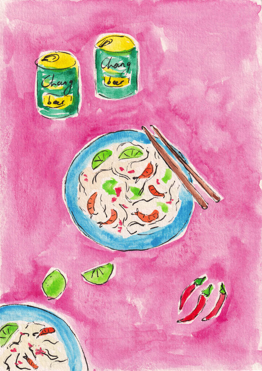 art print of a Pad Thai on a pink background with beer cans and chili peppers, perfect for kitchen decor