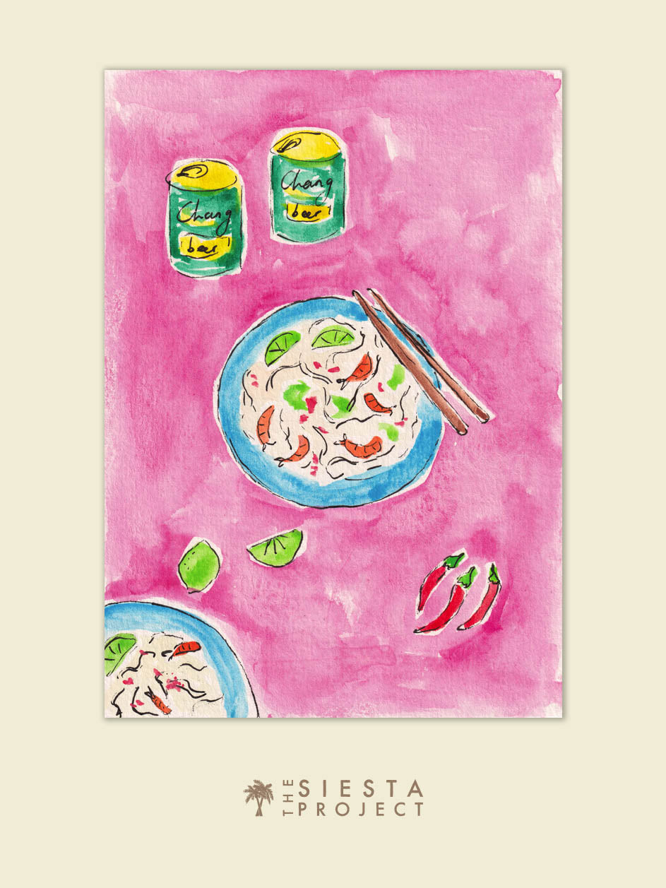 art print of a Pad Thai on a pink background with beer cans and chili peppers, perfect for kitchen decor
