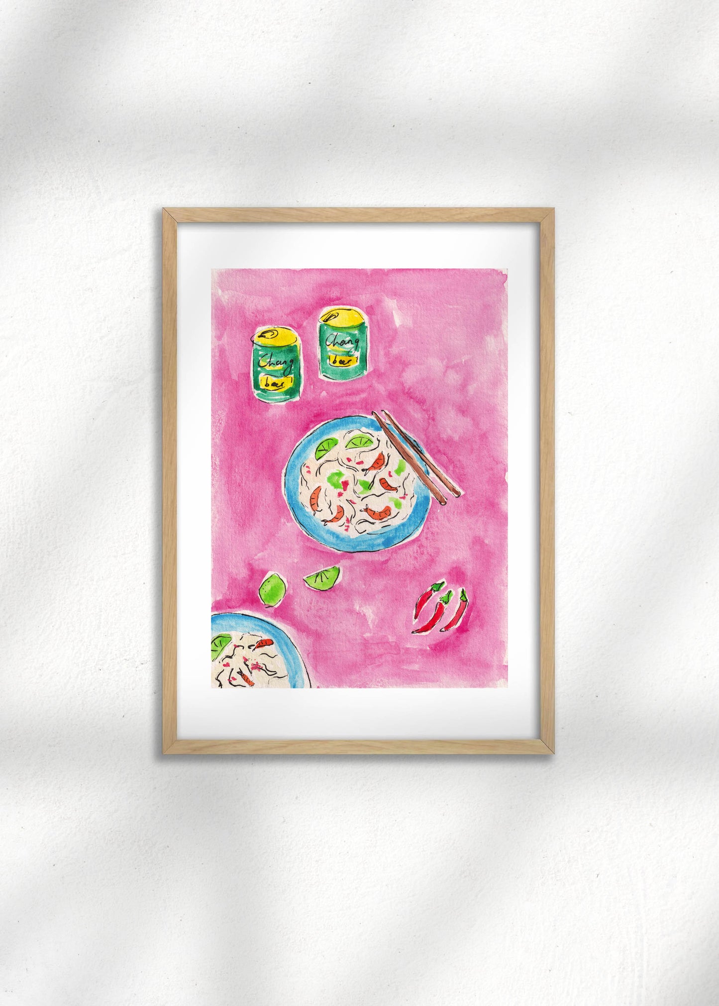 Framed art print of Pad Thai on a pink background